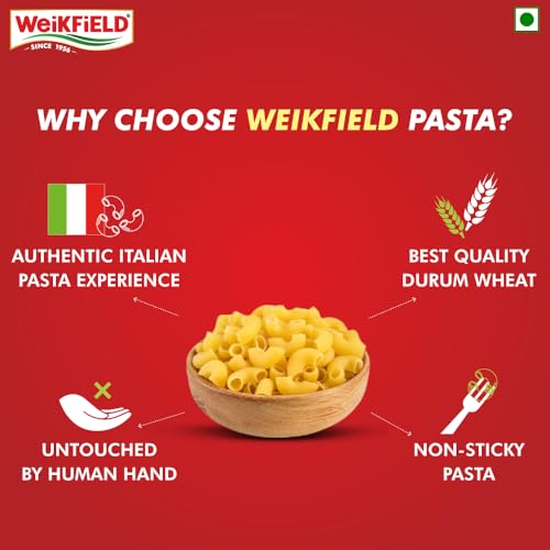 Image of Weikfield Elbow Pasta 1Kg | Healthy Pasta Made With 100% Durum Wheat Semolina | No Maida | Rich in Protein & Fibre | Non Sticky | 100% Vegetarian | 1Kg Pouch