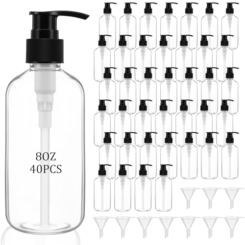 40 Pcs 8 oz Clear Plastic Pump Bottles, Refillable Lotion Dispenser Containers with Black Pumps & 10 Small Funnels,Empty Lotion Bottles for Shampoo, Body Wash, Cream & Liquid Soap