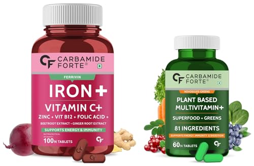 Image of Carbamide Forte Iron + Vitamin C + Folic Acid Supplement | Fast Acting - Pack of 100 Tablets & Carbamide Forte Plant Based Multivitamin Tablets (60 Veg Tablets)