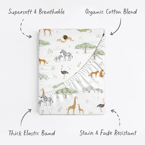 Image of Baby Bassinet Sheets for Boy, Girl (Safari Adventures) 2-Pack - Fitted Bedside Bassinet Sheets - Buttery Soft Cotton Blend for Standard Mattress Pad
