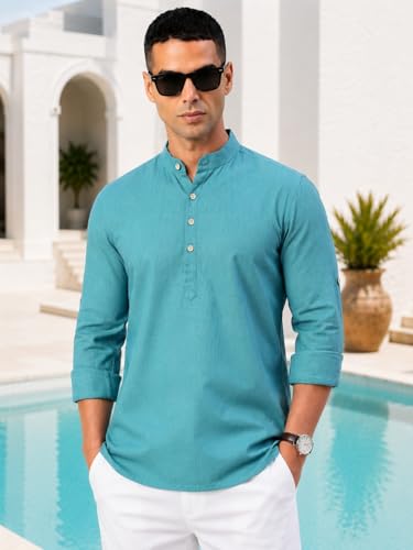 Image of Majestic Man Men's Pure Cotton Solid Mandarin Collar Slim Fit Roll-Up Sleeves Short Kurta Lightweight Summer Kurta for Daily & Occasion Use