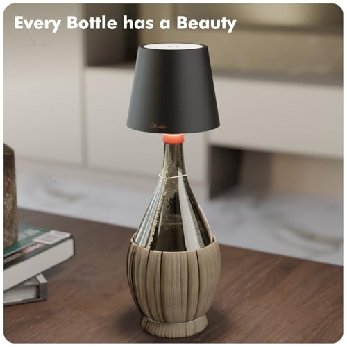 Image of Wireless Bottle Lamp for Living Room | 3 Colour Tones with Dimming | Rechargeable Touch Lampshade | Night Light for Bedroom | Birthday Gifts for Girls, Women, Wife (Black, Vino)