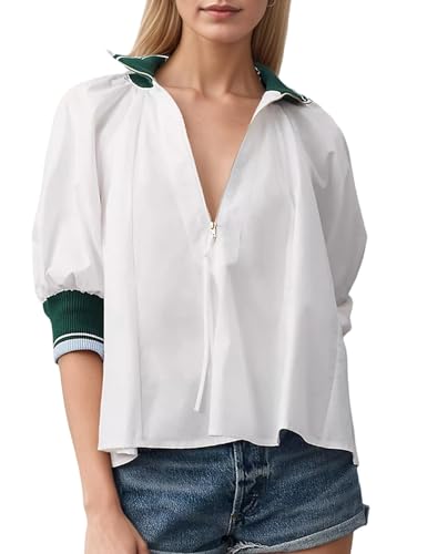 Women Sporty Henley Swing Top Puff Sleeve Half Zip Blouse Casual Loose fit Flowy Shirt Tunic