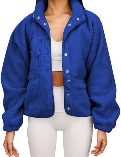 Aoang Ladies Winter Jackets Lapel Neck Sherpa Long Sleeve Baggy Fuzzy Pockets Loose Fit Coats Warm Fall Shacket Royal Blue L
