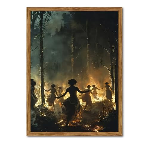 Framed Vintage Witch Canvas Wall Art, Fire Dance Witchy Pictures