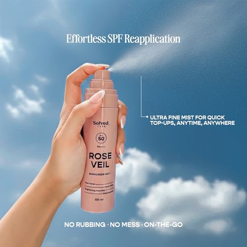 Image of Solved Labs Rose Veil Sunscreen Spray /Mist | SPF50 PA++++ | Rose Water & PDRN, Niacinamide & Brightening Peptides | Lightweight UV Protection Spray Sunscreen | For All Skin Types | 100ml