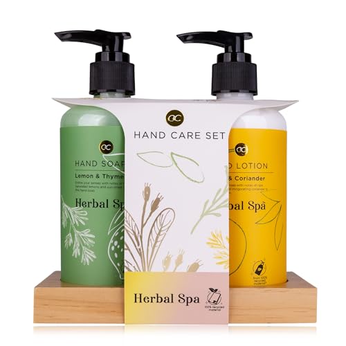 Accentra HERBAL SPA Set de cuidado de manos sobre estante de madera, jabón de manos de 290 ml y loción de manos de 290 ml, envases (papel) y botellas de material reciclado - recargables