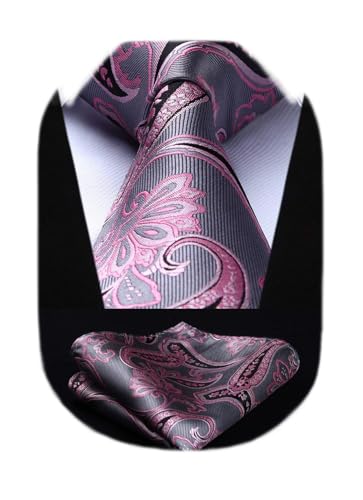 Image of HISDERN Extra Long Ties for Men Classic Floral Tie and Pocket Square Elegant Silk Necktie Handkerchief Set Wedding Party