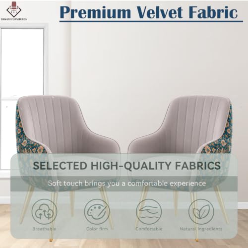Image of Set of 2 Accent Chair for Living Room | Modern Armchair in Soft Velvet Fabric with Sturdy Legs | Premium Chair for Home Living Room Bedroom Restaurent | (Gold Legs, Light Grey Floral)