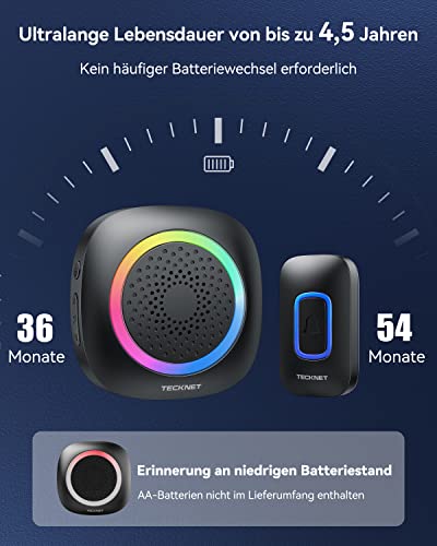 TECKNET Funkklingel, Kabellose Türklingel Batteriebetrieben mit RGB Licht, 60 Melodien, IP66 Wasserdicht Außen Haustürklingel Set, 400m Funk Reichweite Klingel Haustür Kit mit 4,5 Jahre Lebensdauer