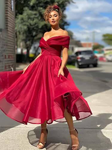Dingcela Off Shoulder Organza Prom Dress Ball Gown A-Line Tea Length Pleated Evening Dress Prom Gowns With Pockets White 18 #TOP1