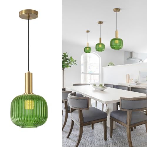 BOKT Mid Century Modern Green Glass Pendant Light Large Gold Globe Kitchen Island Pendant Light Fixture Minimalist Anti Brushed Brass Round Ceiling Hanging Pendant Lamp (7.9