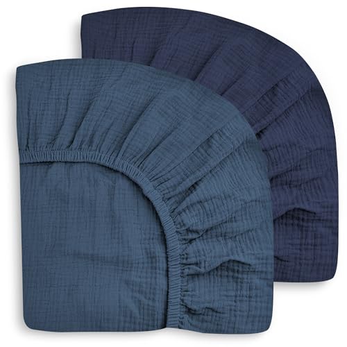Image of SWEET DOLPHIN 2-Pack Muslin Crib Sheets for Boys & Girls, Ultra Soft Breathable 40S Long-Staple Cotton Fitted Baby Sheets for Standard Crib Mattress 52"x28", Deep Navy- Nursery Essentials