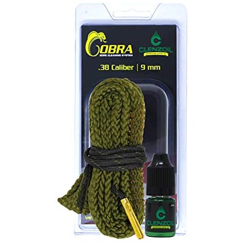 CLENZOIL Field & Range 38 Cal - 9MM Cobra Bore Cleaner | Gun Barrel Cleaning Tool for 38 Cal - 9MM | Brass Brush Embedded in Cotton Bore Rope Cover