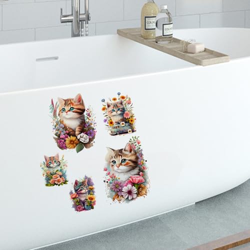 5 Stück Toilettenaufkleber Deckel Süße Katze und Blume Selbstklebend PVC Deckel WC Aufkleber Badezimmer Wandtattoo Sticker Wasserdicht Toilette Aufkleber