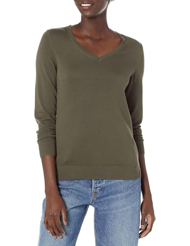 Amazon Essentials Women's Lightweight Long-Sleeve V-Neck Sweater, Olive, Medium