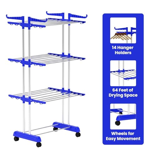 Image of TEKCOOL Foldable Cloth Drying Stand Stainless Steel - 3 Tier Heavy-Duty Clothes Dryer for Balcony, Indoor & Outdoor Use | with Wheels & Hanger Slots | Rust-Proof Laundry Rack (Blue, 3 TIRE):