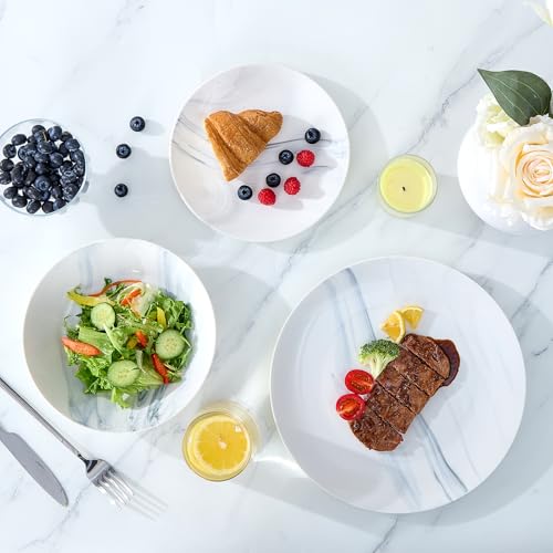 Image of Bestone 12-Piece Round Kitchen Dinnerware Set, Plates, Bowls, Service for 4, Blue and White Marble