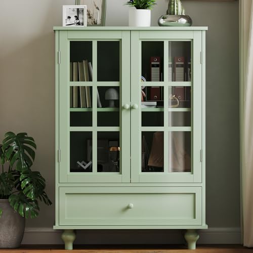 Thctvous Modern Buffet Cabinet with Storage, Minimalist Wooden Side Board Storage Cabinet with Double Glass Doors & Drawer, Dining Room Cabinets for Kitchen/Living Room/Hallway/Entryway (Green)