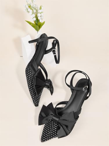 Coutgo Womens Kitten Low Heels Rhinestone Mesh Bow Heels Closed Pointed Toe Ankle Strap Pumps Dress Wedding Shoes4