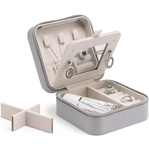 Vlando Travel Jewellery Box, Jewellery Organiser for Rings Earrings Necklace with Mirror,Teenage Girls Gifts, Small Gift, Travel Gift, Jewellery Case for Christmas,Mother's Day,Valentine's D
