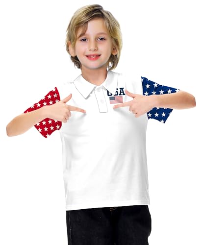 Image of AOBUTE Kids 4th of July Polo American Flag Short Sleeve Button Down Shirts Tops 3-14 Years