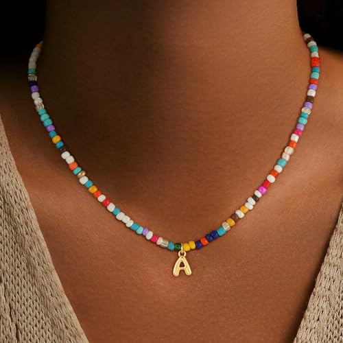 Treasure Bender Beaded Initial Necklaces for Women Girls, Boho 18K Gold Plated Bubble Initial A Necklace Summer Beach Necklace Jewelry Birthday Gifts for Teen Girls Women by Treasure Bender - Image 2