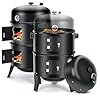 3 in 1 Vertical Charcoal Smoker BBQ Grill 16 Inch Outdoor Portable Smoker Grills with Built in Thermometer Air Vent 2 Access Doors and 3 Hooks Idea for Patio Backyard Barbecue Cooking Camping