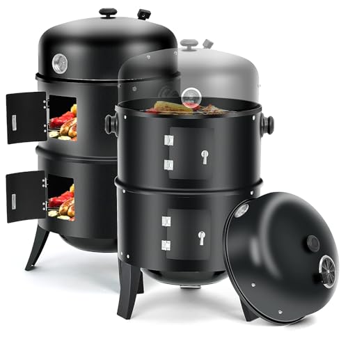 3 in 1 Vertical Charcoal Smoker BBQ Grill 16 Inch Outdoor Portable Smoker Grills with Built in Thermometer Air Vent 2 Access Doors and 3 Hooks Idea for Patio Backyard Barbecue Cooking Camping