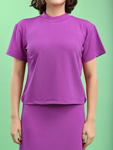 Image of PURVAJA Women's Short Sleeve Top with Skirt Solid Co-ords Set