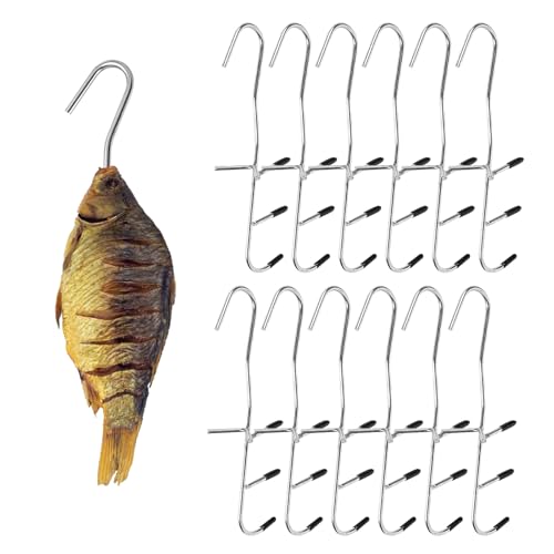 PORFOYO 12 Stück Räucherhaken, Räucher-Haken Edelstahl, Doppelspitz Fishing, Stainless Räucherhaken Fisch Für Raucher Grill Fleischerhaken Fischhaken, Fleischerhaken(25cm)