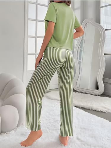 Image of Women's 2-Piece Pajama Set - Short Sleeve Top & Pants Lounge Set, Soft Breathable Sleepwear Night Suit for Women