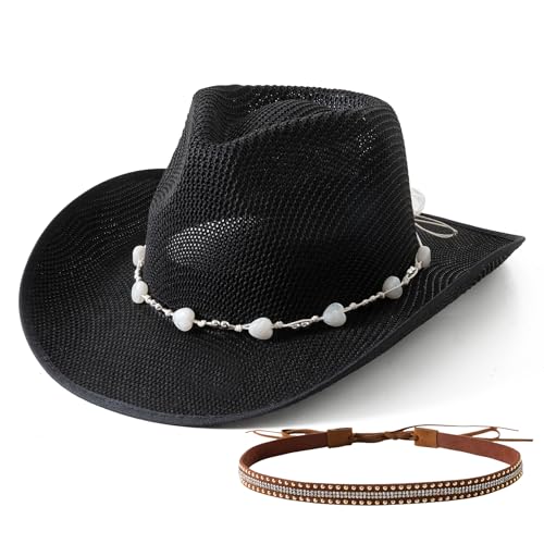 Jastore Kids Girls Western Cowboy Hat Toddler Straw Sun Hat with Two Decorative Bands (US Age 5 Years 10 Years Black)