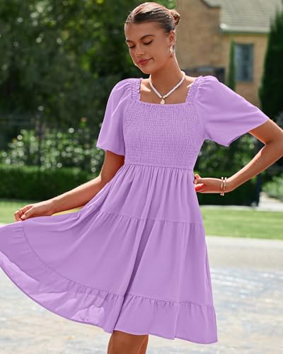 Image of BTFBM Womens Summer Smocked Mini Dress Spring Square Neck Flutter Sleeve Casual Ruffle Swing Boho Beach Dresses Pockets