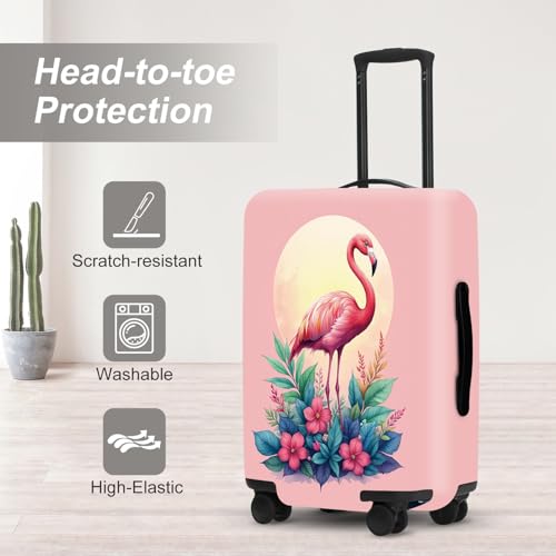 Image of Tropical Flamingo Flowers Luggage Cover, Summer Vacation Suitcase Protector, Quick Dry Beach Travel Accessories with Pouch, Gifts for Resort Lovers