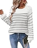 Zeagoo Suéteres de manga larga para mujer, cuello redondo, ligeros, de punto, lindos, a la moda, para otoño, Blanco (Stripe White), M