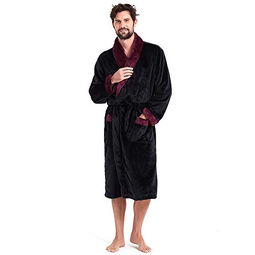 HOLOVE Mens Fleece Hooded Robe Plush Collar Shawl Bathrobe Soft Warm Long Sleeve2
