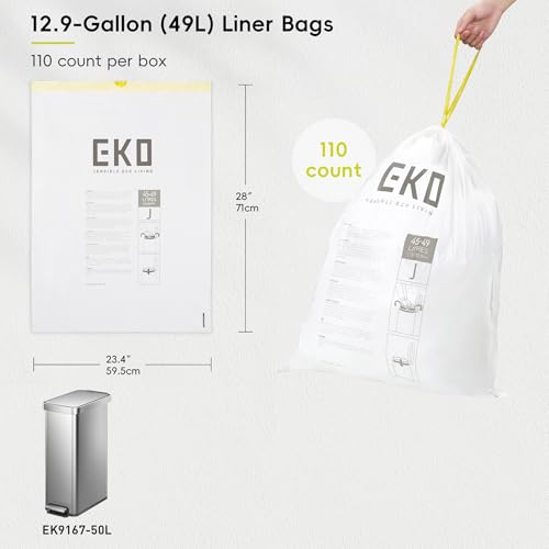 Image of EKO 12.9 Gallon / 45-49 Liter, 110 Count Drawstring Trash Bags, Extra-Strong Unscented Garbage Bags, Easy-Dispense Roll for Kitchen & Household Use, Resists Tears, Leaks and Punctures, Code J, White