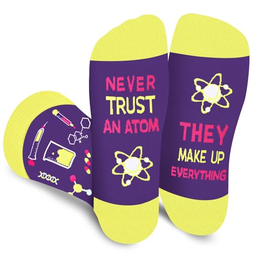 Funny Atom Socks for Men Women Teen Boys Science Lovers -Never Trust An Atom Funky Crazy Silly Novelty Cool Chemistry Socks -Fun Teachers Birthday Valentines Christmas Gag Gift Ideas Stocking Stuffers
