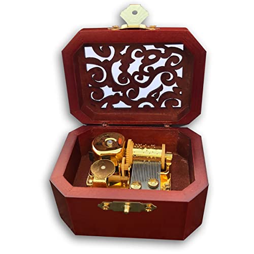 BinkeGG Play (Ten Little Indians) Brown Wooden Hollow Out Octagonal Music Box with Sankyo Musical Movement (65 Tunes Option)