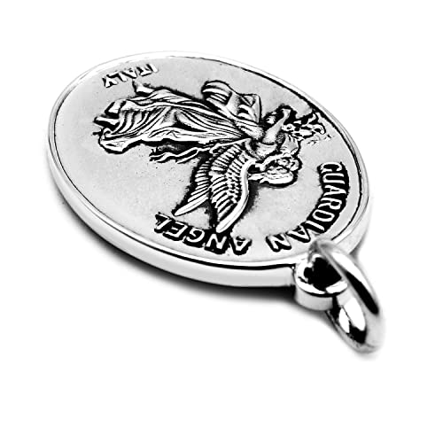Venicebee Guardian Angel Charm Pendant Medal Protection Amulet Solid 925 Sterling Silver Necklace Italy, 16" Inch Silver Chain, Black Velvet Pouch, Polishing Cloth, Fine Jewelry Gift Box #TOP7