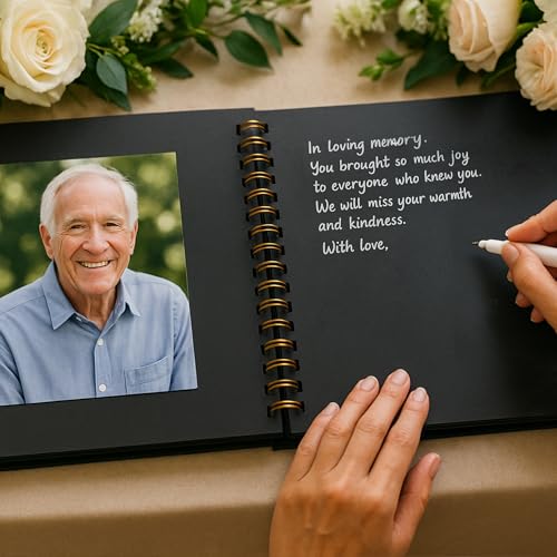 Image of Funeral Guest Book for Memorial or Celebration of Life - Velvet Hardcover with Photo Frame - Includes Pen or Marker and Sign (Black - Large)