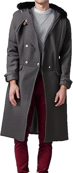 Mens Wool Blend Double Breasted Overcoat Faux Fur Collar Trench Overcoat Winter Slim Fit Long Trench Coat