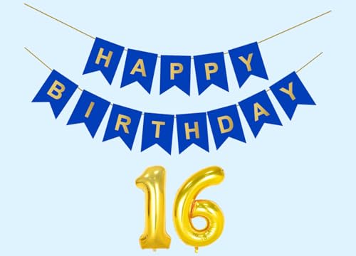 Image of 16th Happy Birthday Decoration Kit Dark Blue for 16 year Old Boys Girls Teenage with Number Sixteen Party Decorations Decor Celebration Items Item Set Combo Reusable Paper Banner
