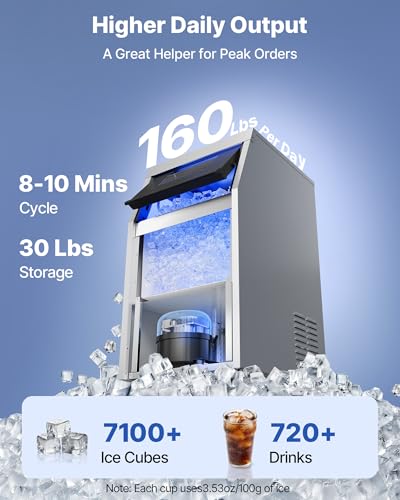 Image of VEVOR Commercial Ice Maker Machine with Pump, 160 lbs /24h with 30 lbs Storage Capacity, Built-in /Freestanding /Under Counter, Stainless Steel Ice Maker with LED Display & Self-Cleaning, for Home Bar