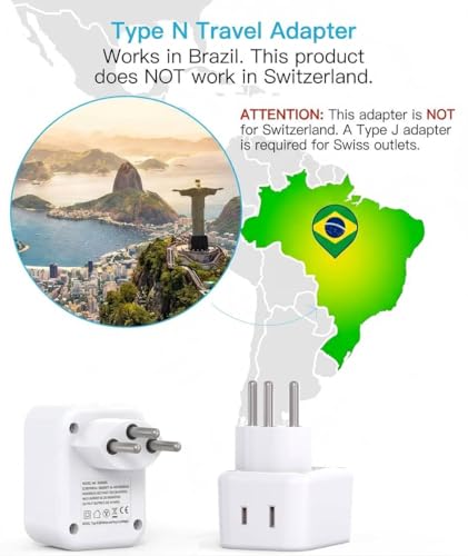 Image of HANYCONY Brazil Power Adapter, Type N Plug Adapter with 2 Outlets 3 USB Ports (2 USB C), Travel Adapter for US to Brazil Brazilian Brasil