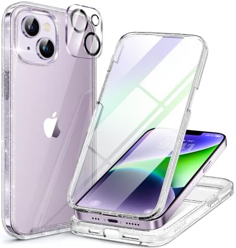 Miracase Glass Series Designed for iPhone 14 Case 6.1 inch, 2023 Upgrade Full-Body Clear Bumper Case with Built-in 9H Tempered Glass Screen Protector and 2 Pcs Camera Lens Protector,Clear Glitter