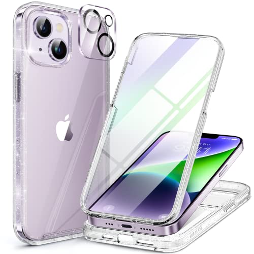 Miracase Glass Series Designed For Iphone 14 Case 6.1 Inch, 2023 Upgrade Full-Body Clear Bumper Case With Built-In 9H Tempered Glass Screen Protector And 2 Pcs Camera Lens Protector,Clear Glitter #TOP6