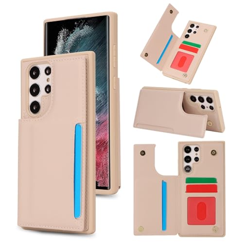 Coque cuir Galaxy S22 Ultra 5G étui de protection beige avec fentes pour cartes