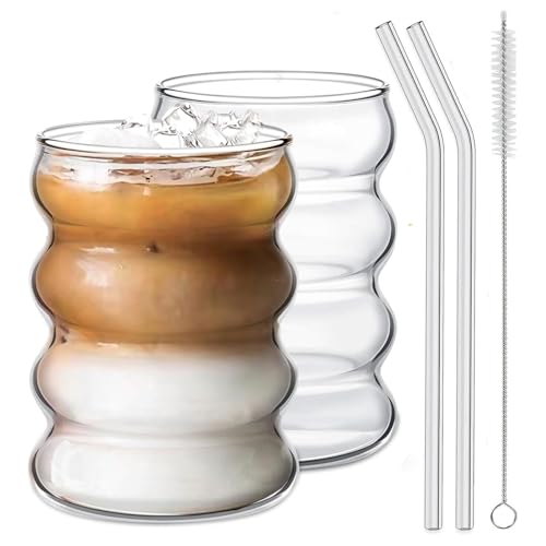 AUTOWNLUX 2 Stück Bubble Gläser, 350ml Gerippte Trinkgläser mit Glasstrohhalmen, dickwandige und robuste Smoothie Becher aus hochwertigem Glas, luftdichtes und wasserdichtes Design, ideal als Kaffee